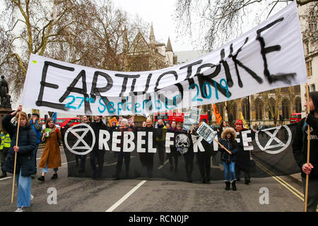 Londra, Regno Unito. 15 gennaio, 2019. I dimostranti sono visti tenendo striscioni e cartelloni durante la protesta.un gruppo di cambiamento climatico attivisti da terra Strike UK sono visti in Westminster per dimostrare a salvare il pianeta. Credito: Dinendra Haria/SOPA Immagini/ZUMA filo/Alamy Live News Foto Stock