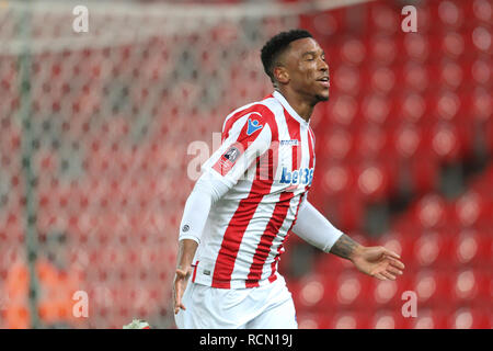 Stoke, UK. 15 gennaio, 2019. Stoke City avanti Tyrese Campbell (26) celebra il punteggio obiettivo di apertura per Stoke City durante la FA Cup terzo turno Replay match tra Stoke City e Shrewsbury Town a Bet365 Stadium, Stoke-on-Trent, in Inghilterra il 15 gennaio 2019. Foto di Jurek Biegus. Solo uso editoriale, è richiesta una licenza per uso commerciale. Nessun uso in scommesse, giochi o un singolo giocatore/club/league pubblicazioni. Credit: UK Sports Pics Ltd/Alamy Live News Foto Stock