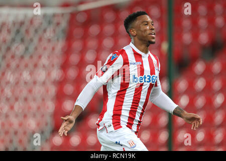 Stoke, UK. 15 gennaio, 2019. Stoke City avanti Tyrese Campbell (26) celebra il punteggio obiettivo di apertura per Stoke City durante la FA Cup terzo turno Replay match tra Stoke City e Shrewsbury Town a Bet365 Stadium, Stoke-on-Trent, in Inghilterra il 15 gennaio 2019. Foto di Jurek Biegus. Solo uso editoriale, è richiesta una licenza per uso commerciale. Nessun uso in scommesse, giochi o un singolo giocatore/club/league pubblicazioni. Credit: UK Sports Pics Ltd/Alamy Live News Foto Stock