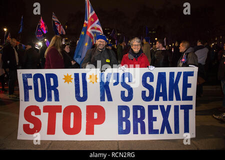 Londra, Regno Unito. 15 gennaio, 2019. Anti Brexit attivisti al di fuori della House of Commons il giorno MPs votare su Theresa Maggio Brexit della trattativa. Credito: Michael Tubi/Alamy Live News Foto Stock