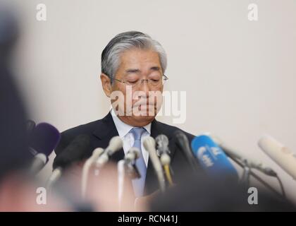 Pechino, Giappone. 15 gennaio, 2019. In Giappone il Comitato Olimpico Presidente Tsunekazu Takeda assiste ad una conferenza stampa a Tokyo in Giappone, Gennaio 15, 2019. Takeda ha negato le accuse di corruzione legati all'offerta vincente del 2020 Olimpiadi di Tokyo contro di lui il martedì. Credito: Du Natalino/Xinhua/Alamy Live News Foto Stock