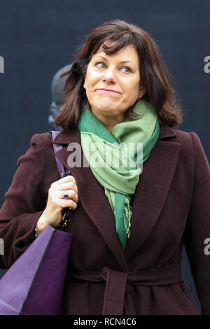Claire Perry - Il Ministro di Stato al dipartimento per gli affari di energia e di strategia industriale è visto in uscita dal College Green dopo dare interviste con i media durante la protesta. E Anti-Brexit Pro-Brexit dimostranti sono visto che protestavano davanti al Palazzo del Parlamento. Più tardi questa sera dopo cinque giorni di dibattito, MPs voterà sul Primo Ministro britannico Theresa Maggio dell'UE per il ritiro della trattativa. Foto Stock