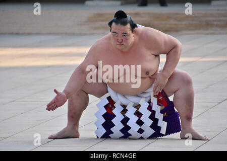 Giapponese gran campione di sumo Yokozuna Kisenosato esegue un anello-entrando cerimonia al Tempio di Meiji in Giappone a Tokyo il 8 gennaio 2019. Credito: AFLO/Alamy Live News Foto Stock