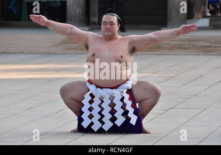 Giapponese gran campione di sumo Yokozuna Kisenosato esegue un anello-entrando cerimonia al Tempio di Meiji in Giappone a Tokyo il 8 gennaio 2019. Credito: AFLO/Alamy Live News Foto Stock