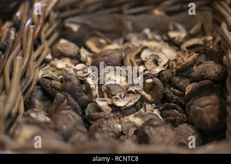 Secchi funghi shiitake in un cesto di verdure fresche dello sfondo. Giapponese cibo tradizionale e erbe aromatiche. Foto Stock