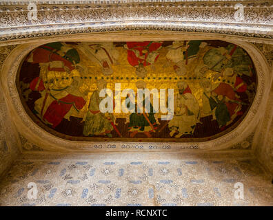 Restaurato dipinto in pelle, sala del Re, Nasrid Palace, Alhambra Palace, Granada, Andalusia, Spagna Foto Stock