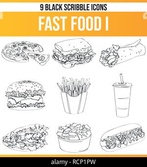 Pittogrammi neri / icone su fast food. Questa icona set è perfetto per persone creative e designer che cercano il tema del fast food nel loro grafica des Illustrazione Vettoriale