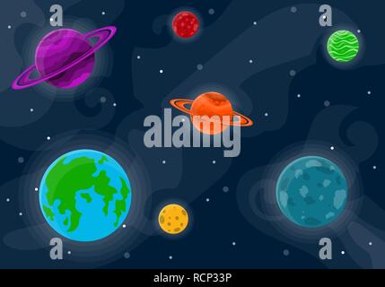 Modello di spazio con pianeti e stelle. Illustrazione Vettoriale. Cartoon di sfondo spazio nel design piatto. Illustrazione Vettoriale