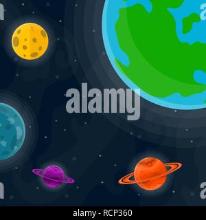 Modello di spazio con pianeti e stelle. Illustrazione Vettoriale. Cartoon di sfondo spazio nel design piatto. Illustrazione Vettoriale