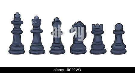 Serie di figure di scacchi in design piatto. Illustrazione Vettoriale. Nero pezzi di scacchi, isolato su sfondo bianco Illustrazione Vettoriale