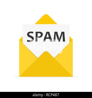 Mail spam icona nel design piatto. Illustrazione Vettoriale. Una busta aperta con un avviso circa lo spam Illustrazione Vettoriale