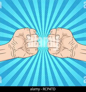 Due rinserrata pugni in conflitto. Illustrazione Vettoriale. Concetto di aggressività e di violenza, sulla pop art background Illustrazione Vettoriale
