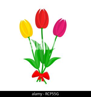 Bouquet di tulipani colorati in design piatto. Illustrazione Vettoriale. Bouquet di tre tulipani, isolati su sfondo bianco Illustrazione Vettoriale