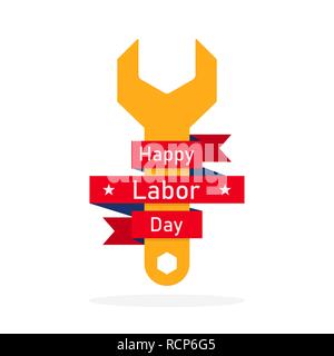 Felice Festa del Lavoro, sfondo con una chiave e nastro rosso. Illustrazione Vettoriale. Festa del lavoro, banner o etichetta nel design piatto. Illustrazione Vettoriale