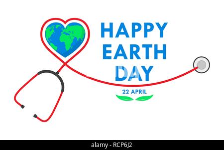 Felice Giornata della Terra lo sfondo con uno stetoscopio in design piatto. Illustrazione Vettoriale. Felice Giornata della Terra, concetto di ecologia. Illustrazione Vettoriale