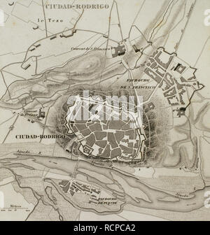 Mappa napoleonica. Ciudad Rodrigo (provincia di Salamanca Castiglia e Leon, Spagna). Durante la guerra Peninsulan la città venne assediata due volte, 1810 e 1812. Atlas de l'Histoire du Consulat et de l'impero. La storia del consolato e l Impero di Francia sotto Napoleone da Marie Joseph Louis Adolphe Thiers (1797-1877). Disegni di Dufour, incisioni da Dyonnet. Edito in Parigi, 1864. Foto Stock