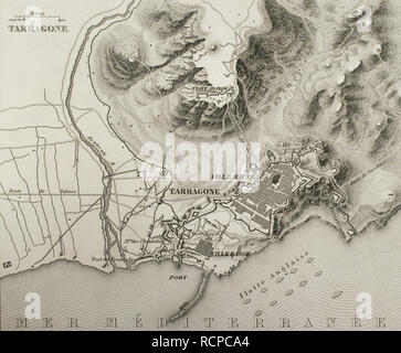 Mappa napoleonica. Assedio di Tarragona (Catalogna, Spagna). Tarragona è stata assediata dal 5 Maggio al 29 giugno 1811. Truppe appartenenti all'esercito francese di Aragona, comandato dal generale Suchet, combatté contro una guarnigione spagnola guidata dal Tenente Generale Juan Senen de Contreras. Un British squadra navale comandata dall'Ammiraglio Edward Codrington molestato i francesi assedianti con il cannone fuoco. La città fu assalito e occupato. La Guerra Peninsulare. Atlas de l'Histoire du Consulat et de l'impero. La storia del consolato e l Impero di Francia sotto Napoleone da Marie Joseph Louis Adolphe Thiers (1797-1877). D Foto Stock