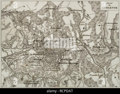 Mappa napoleonica. Città di Smolensk, Russia. Fu distrutto durante l'invasione di Napoleone I. Atlas de l'Histoire du Consulat et de l'impero. La storia del consolato e l Impero di Francia sotto Napoleone da Marie Joseph Louis Adolphe Thiers (1797-1877). Disegni di Dufour, incisioni da Dyonnet. Edito in Parigi, 1864. Foto Stock