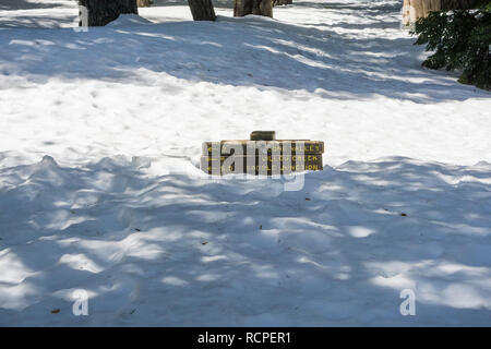 Trail sign almost buried in snow, Mount San Jacinto State Park, California Foto Stock