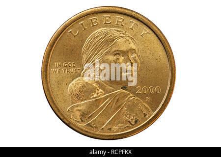 Sacagawea un dollaro US coin isolato su bianco Foto Stock