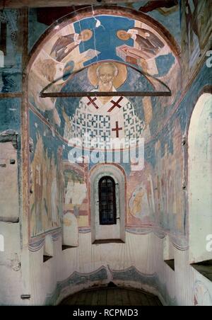 Affresco con scene della vita di San Nicola il miracolo man (dettaglio). Museo: Natività della Vergine nella Cattedrale del monastero Kirillo-Belozersky, Kirillov. Autore: Dionisio. Foto Stock