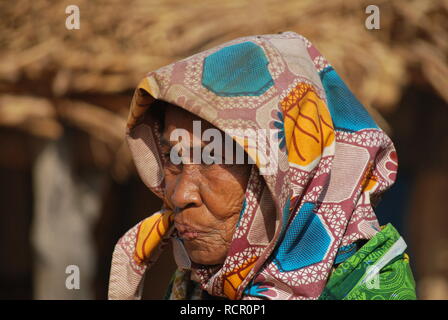 Un meteo-picchiato vecchia donna a casa del suo villaggio nel Niger, Africa Foto Stock