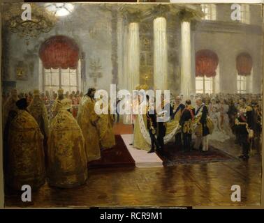 Il matrimonio di Tsar Nicholas II e la principessa Alix di Hesse-Darmstadt sul Novembre 26, 1894. Museo: State Russian Museum di San Pietroburgo. Autore: REPIN, ILYA YEFIMOVICH. Foto Stock