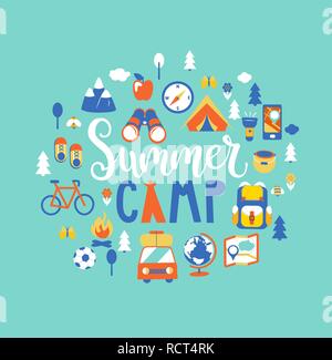 Summer Camp concetto con handdrawn scritte, campeggio e viaggiare in vacanza con un sacco di attrezzature per il campeggio quali tende, zaino e altri. Poster in stile appartamento, illustrazione vettoriale. Illustrazione Vettoriale