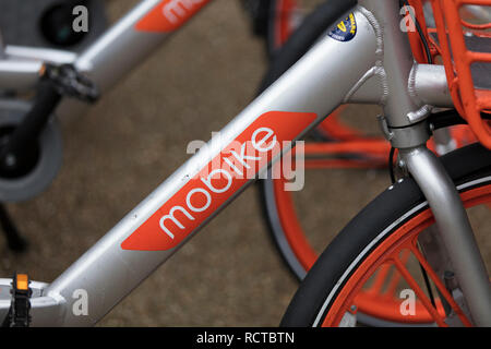 Londra, Inghilterra - Gennaio 15, 2019: Mobike dockless biciclette parcheggiate in una strada. Mobike è un bike sharing piattaforma per la breve distanza di viaggio. Foto Stock