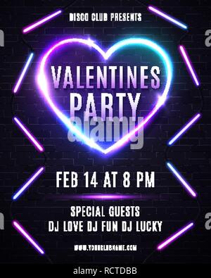 Il giorno di San Valentino design party per volantini, poster o banner. Abstract sfondo con una luce al neon di cuore. Festa da ballo poster con linee incandescente, evidenziare wireframe di cuore. Luminose illustrazione vettoriale. Illustrazione Vettoriale