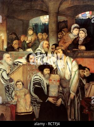 Gli ebrei in preghiera nella sinagoga di Yom Kippur. Museo: Museo d'Arte di Tel Aviv Autore: Gottlieb, Maurycy. Foto Stock