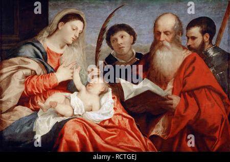 La Vergine con il Bambino e i Santi Stefano e Girolamo e Maurice. Museo: Museo di Storia dell'arte, Vienne. Autore: Tiziano. Foto Stock