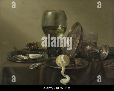 Natura morta con ostriche, un Rummer, un limone e un recipiente di argento. Museo: Museo Boijmans Van Beuningen di Rotterdam. Autore: HEDA, WILLEM CLAESZ. Foto Stock