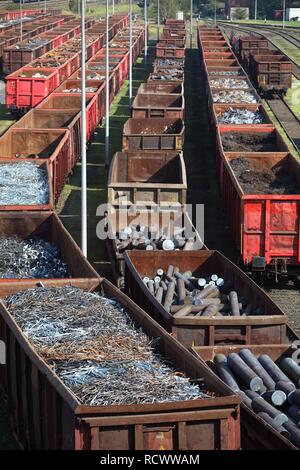 Ferro e scarto di acciaio che viene erogata dalla ferrovia per le acciaierie di HKM Huettenwerke Krupp Mannesmann, Duisburg Foto Stock