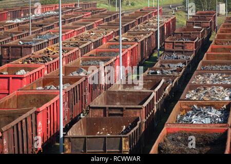Ferro e scarto di acciaio che viene erogata dalla ferrovia per le acciaierie di HKM Huettenwerke Krupp Mannesmann, Duisburg Foto Stock