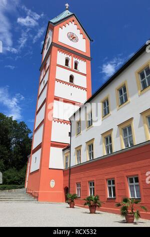 Campanile di Kloster Scheyern monastero, Abbazia di bavarese della Congregazione benedettina, Scheyern, Pfaffenhofen distretto, Bavaria Foto Stock