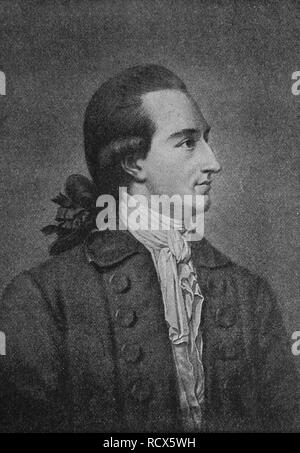Johann Wolfgang von Goethe, Francoforte sul Meno 1749 - Weimar 1832, poeta tedesco, xilografia, 1888, incisione storica Foto Stock