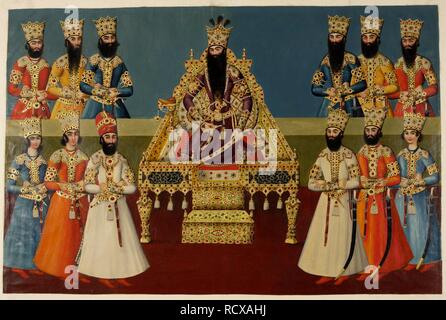 Immagine da una copia ridotta del Palazzo Nigaristan murale che mostra Fath Ali Shah in trono con i suoi figli, frequentato da "ghulams'. 1816-1820. Acquerello. Fonte: Add.o.1239. Autore: Khan, Abdallah. Foto Stock