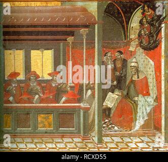Papa Giovanni XXII approva la Regola Carmelitana (scomparto di predella centrale). Museo: Pinacoteca Nazionale, Siena. Autore: LORENZETTI, Pietro. Foto Stock