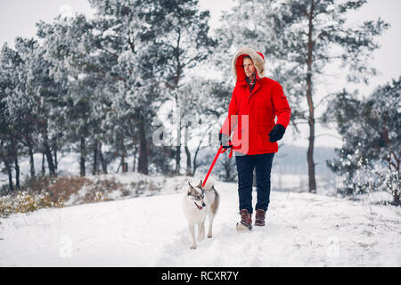 Bella Donna che gioca con un cane Foto Stock