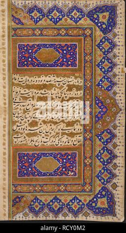 Un riccamente decorata nella pagina di testo. Vaki"a-i Baburi, le memorie di Babur, tradotto dall'originale Turki da Mirza 'Abd al-Rahim Khan-ho khanan. E un centinaio di quaranta tre miniature (principalmente con attribuzioni). India, c.1590. Fonte: o. 3714, vol.1 f.1v. V.o. persiano. Foto Stock