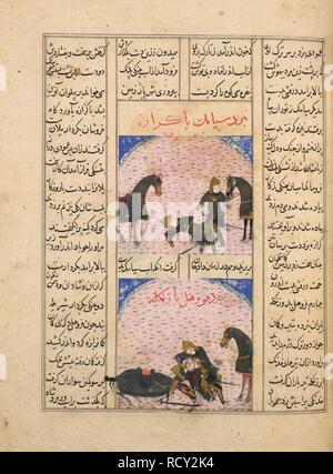 Scene di battaglia. Shahnama. Iran, 1446. Sopra: La battaglia tra Siyamak Guraza e. Di seguito: La battaglia tra Faruhil Zangula e. Dipinti in miniatura da un quindicesimo secolo manoscritto del poema epico di Shahnama. Immagine presa da Shahnama. Originariamente pubblicato/prodotto in Iran, 1446. . Fonte: o. 12688, f.298. V.o. persiano. Foto Stock