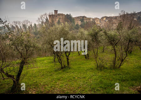 Vista panoramica con la chiesa parrocchiale di San Giuseppe nel comune di Chianni, provincia di Pisa, Toscana Foto Stock