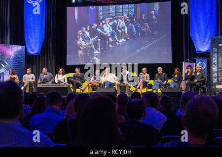 BONN, Germania - 19 Maggio 2018: Kandyse McClure, Alessandro Juliani, Aaron Douglas, Grazia Park, Tahmoh Penikett, James Callis, Tricia Helfer, Michael Trucco, Katee Sackhoff, Michael Hogan, Rekha Sharma, Mary McDonnell e Edward James Olmos a Fedcon 27 Foto Stock