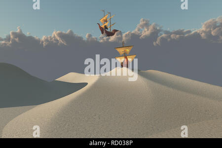 Nave nel deserto e in nubi. Il rendering 3D Foto Stock