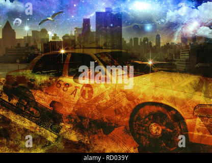 Skyline di New York con il taxi giallo Foto Stock