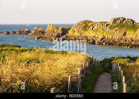 Vista sull'Ile des Landes dal sentiero costiero di Pointe du Grouin in Bretagna, Francia, al tramonto con un faro in lontananza. Foto Stock