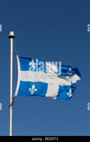 La bandiera provinciale del Quebec vola in Quebec, Canada. Il blu e bianco bandiera porta quattro fleur-de-lys emblemi. Foto Stock