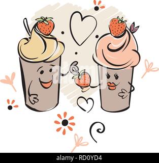 Chocolade gelato carattere e fragola, cuore. Il ragazzo dà la bacca per la ragazza. Bianco nero rosa fatto a mano disegno per bambini, adulti, caffe Illustrazione Vettoriale