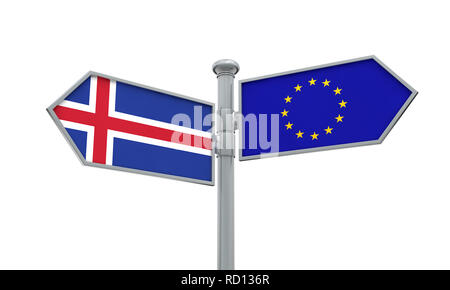 Islanda e Unione europea guidepost. Muovendosi in direzioni diverse. Il rendering 3D Foto Stock